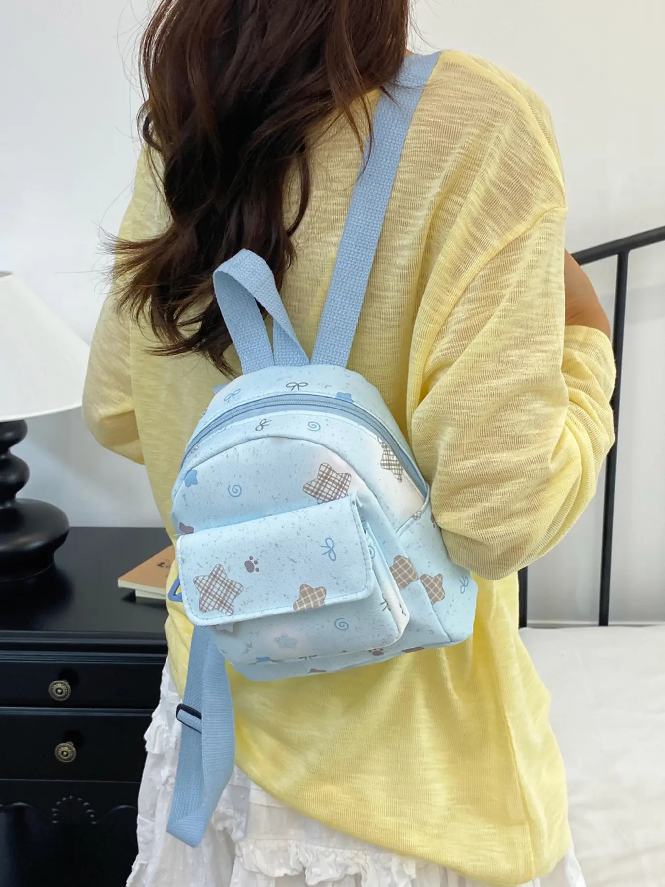 Velvet Star Print Mini Square Backpack, Lightweight Portable Design, Front Pocket & Main Compartment, Ideal for School, Travel, Shopping
