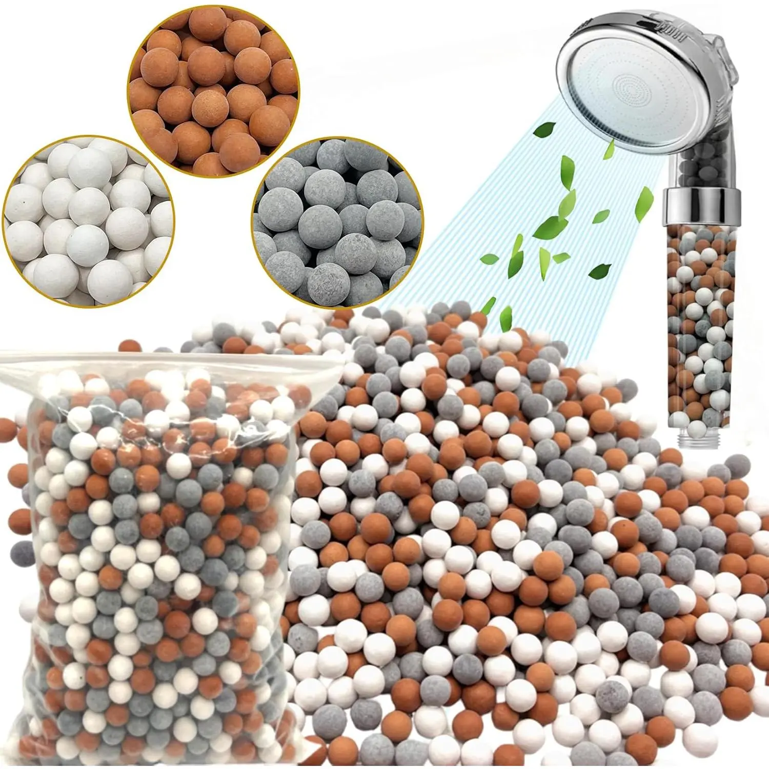Shower Head Beads Refills, 200g Mineral Replacement for Hard Water - Ionic Filter Balls, Water Softener for Skin & Hair Care, Compatible Beaded Filter Unit (Orange, Gray, White)