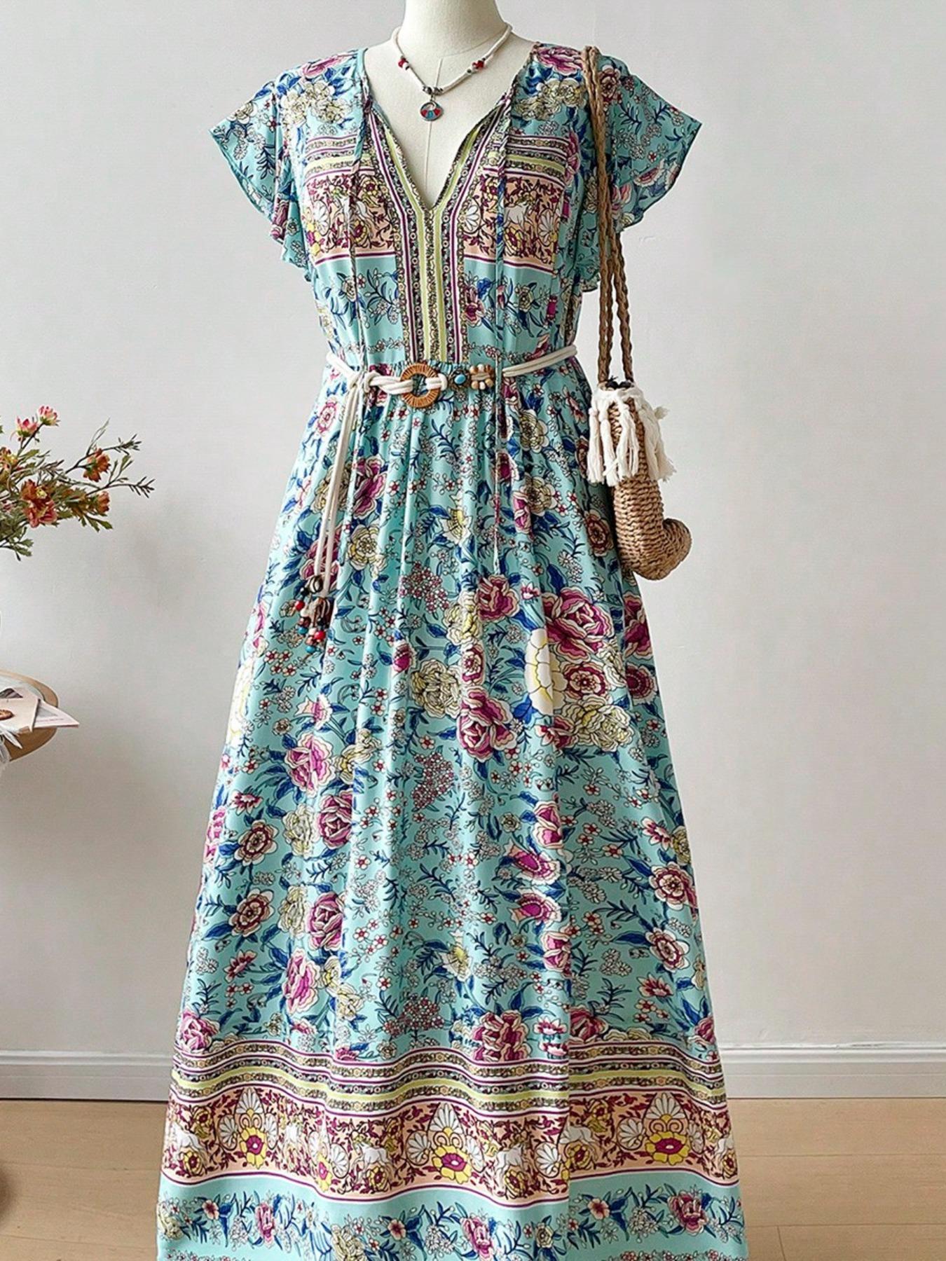 Plus Size Floral Print V-Neck Maxi Dress, Boho Fashion Casual Short Sleeve Dress for Daily Vacation Wear, Women's Clothing for All Seasons, Bohemian Sundress Plus Size Floral Print V-Neck Maxi Dress, Boho Fashion Casual Short Sleeve Dress for Daily Vacation Wear, Women's Clothing for All Seasons, Bohemian Sundress