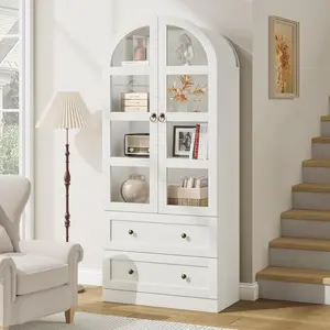 71.8-Inch Tall Arched Bookcase Cabinet - 2 Doors, 2 Drawers, Adjustable Shelves - Versatile Sideboard Buffet for Dining & Living Room