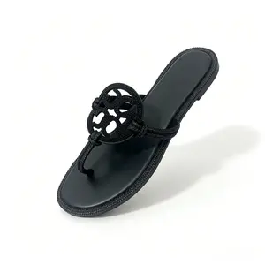 2026 Womens Black Cutout Logo Thong Sandals, Comfortable Flat Flip Flops for Everyday & Poolside
