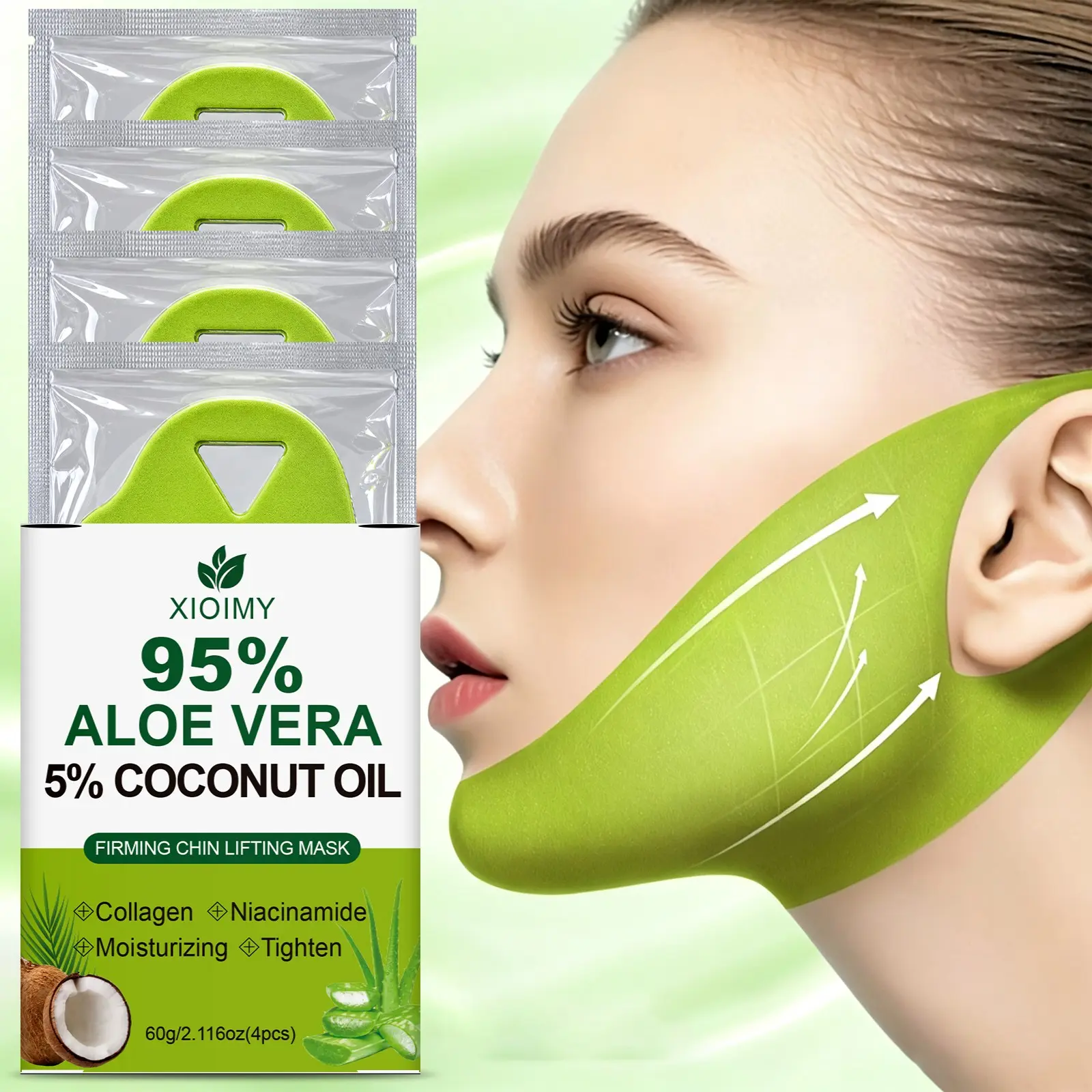 4pcs Aloe Collagen V-Line Face Lifting Mask, Collagen Sheet Mask, Chin Lift Band, Neck Firming Patch, Moisturizing and Tightening