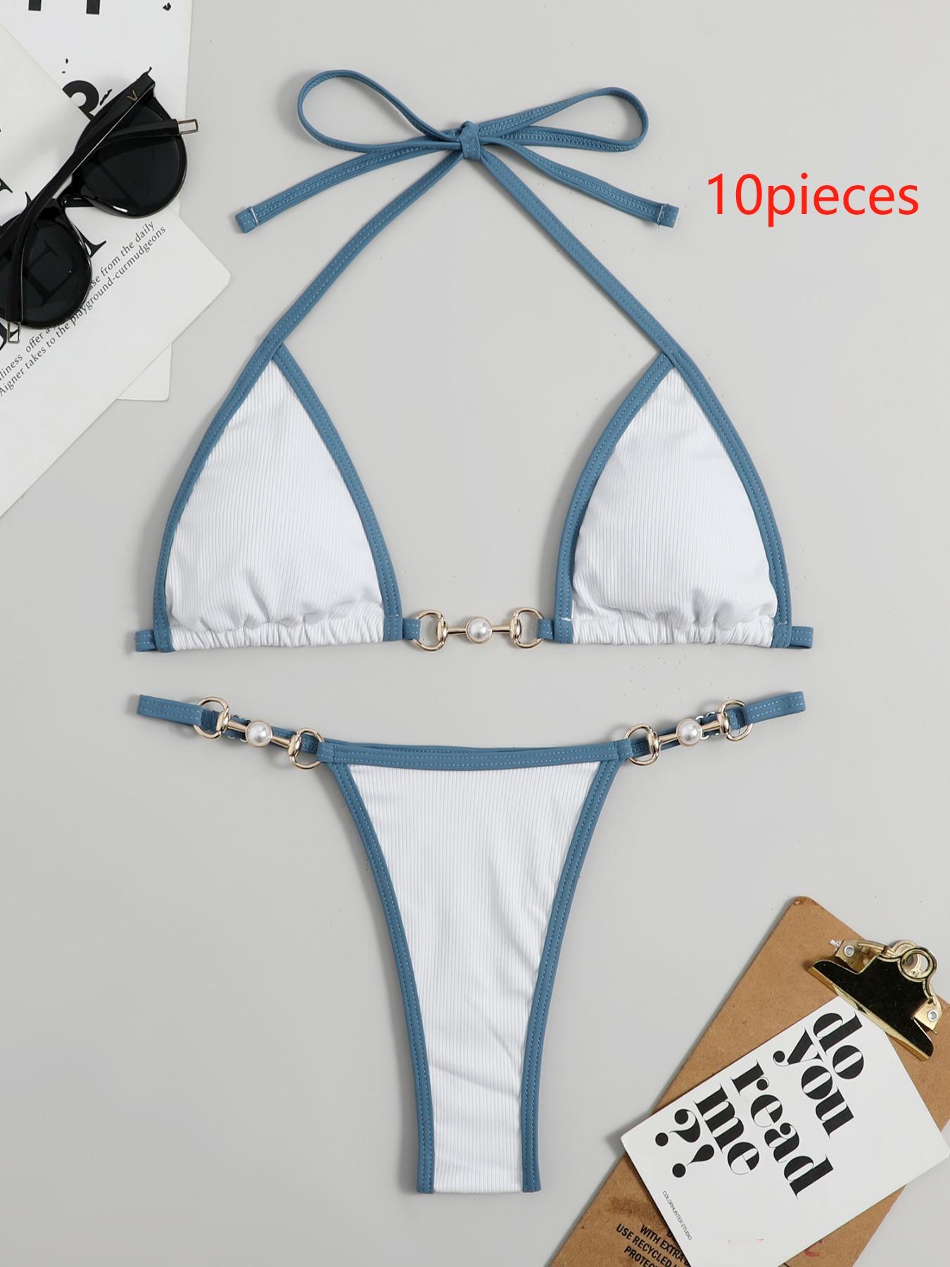 Women's Contrast Binding Chain & Faux Pearls Decor Bikini for Summer 2024, Halter Neck Triangle Bikini Swim Top & Swim Thong, Ladies Summer Swimsuit, Ribbed Triangle Bikini Triangle Underwear, Bikinis Sets