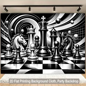 2D Flat Banner Black and white chess theme HD digitally printed polyester photography backdrop, soft lightweight foldable background cloth, suitable for product photos, portrait shooting, video studio recording, livestream backgro