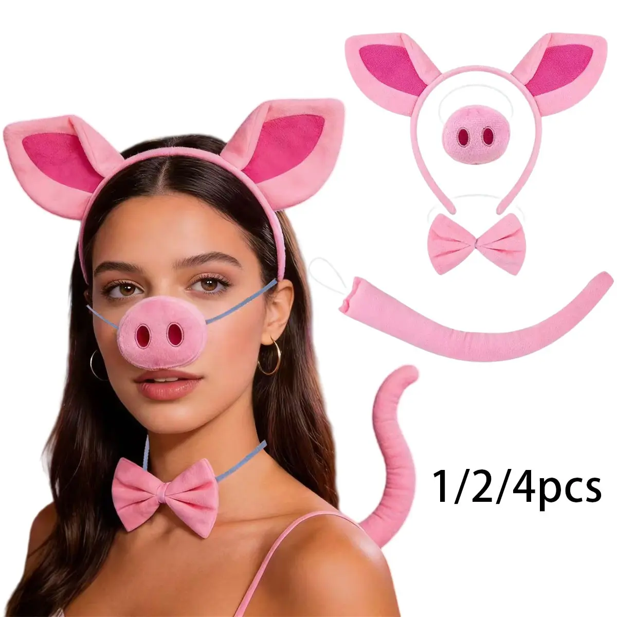 Adult Pig Costume Set for Carnival, Includes Pig Ears Headband, Nose, Tail, Bow Tie, Perfect for Role Play Party Accessories, Party Photo Prop