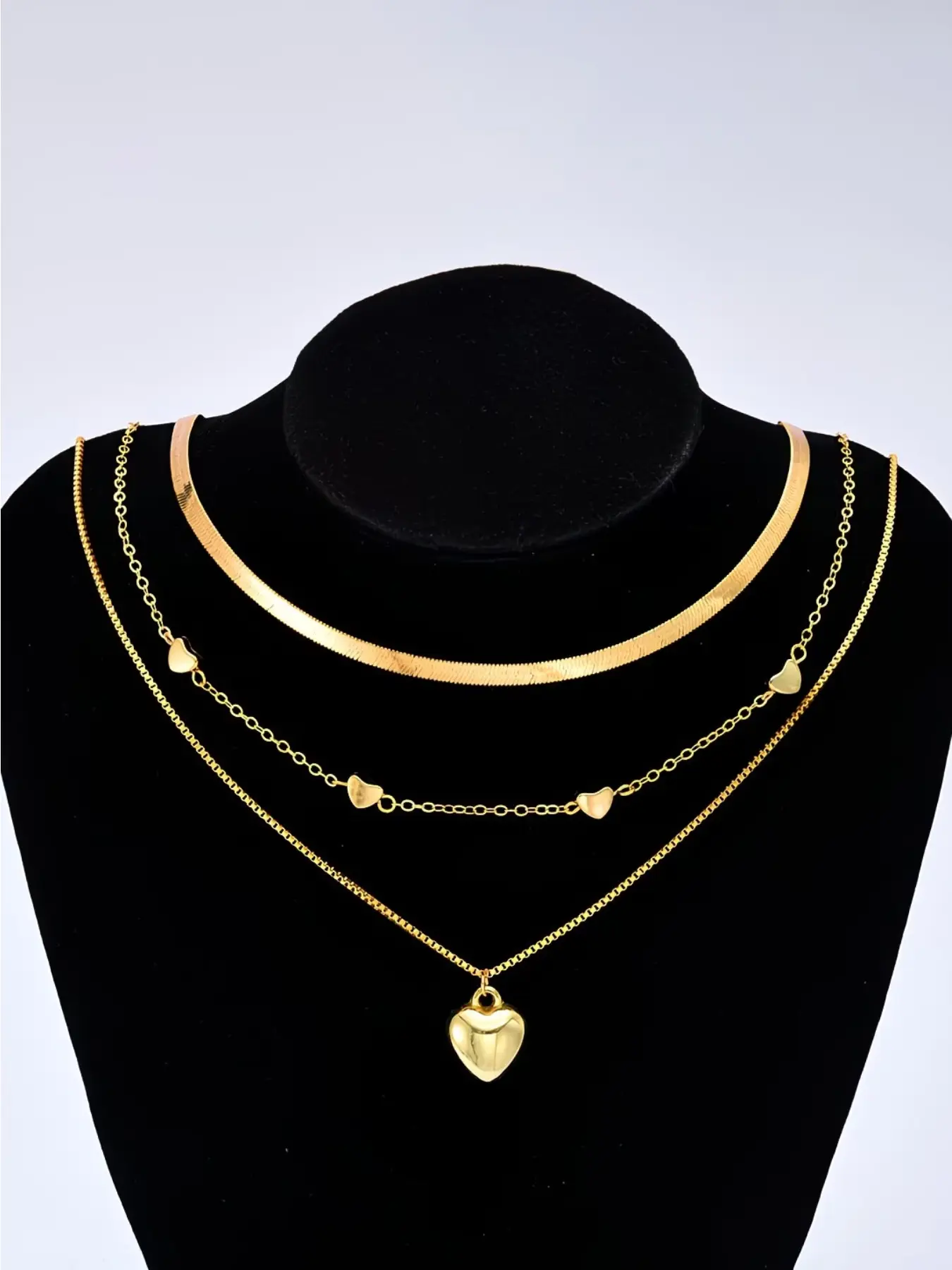 Women Multi Layer Gold Amour Heart Necklace Set,Gold Plated Herringbone Choker Tiny Heart Link Chain Large Heart Pendant 3‑in‑1 Stackable Necklaces,Stylish Dainty Layered Jewelry Birthday Valentine’s Day Gift for Girls Ladies