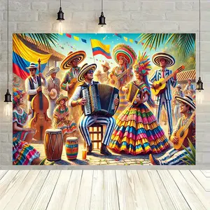 1 piece of colorful Colombian folk scene backdrop fabric - traditional music theme, colorful costumes, festive hats and instruments - durable polyester banner, home decoration, party, outdoor celebration - no electricity required, all-season carnival part