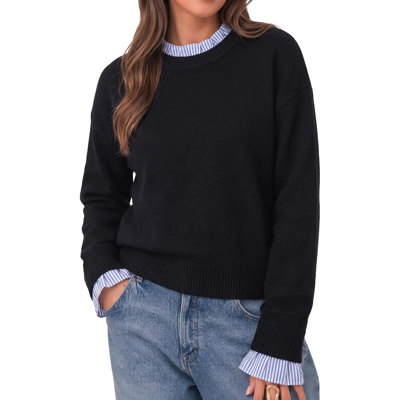 Cicy Bell Womens Long Sleeve Sweater Ruffle Crew Neck Patchwork Knit Tops | Striped Cuff Pullover Sweater, Fall Winter, Ribbed Knit, Loose Fit, Drop Shoulder