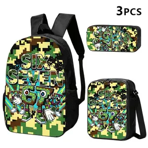 This 3-piece set includes a camouflage-themed backpack, lunch bag, and pencil case, printed with "SIX SEVEN" and a robot motif; a tech-casual design suitable for urban commuting, outings, or everyday use. (2D floor plan)