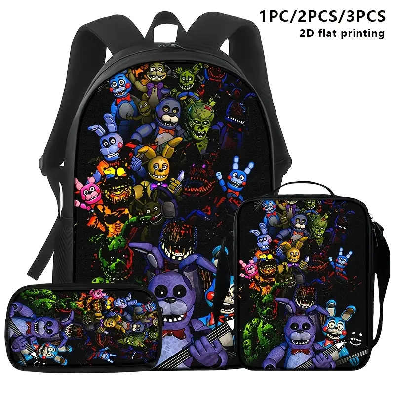 1pc/2pcs/3pcs Backpack, Shoulder Bag, And Pouch with Dense Stylized Anthropomorphic Characters on Dark Background; Ideal for Fans Carrying Gear During Daily Commutes Or Outings