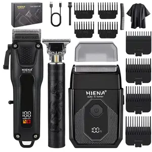 HIENA Professional Haircut Three-Piece Set: LED Digital Display Professional Hair Clipper, T-Shaped Cordless Beard Trimmer with LED Electric Shaver, Suitable as a Gift/Father's Day Present