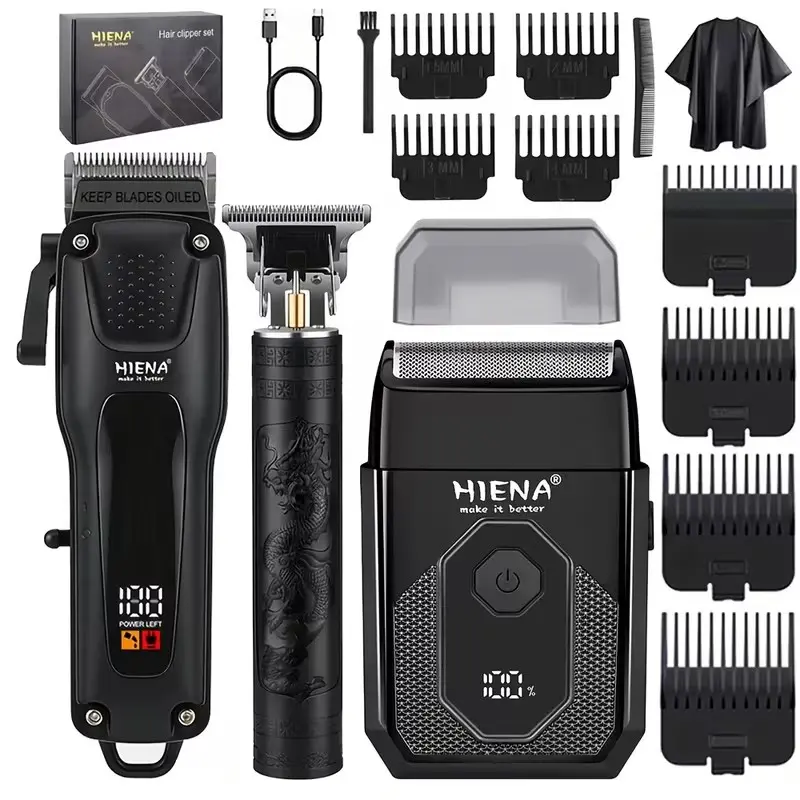 HIENA Professional Haircut Three-Piece Set: LED Digital Display Professional Hair Clipper, T-Shaped Cordless Beard Trimmer with LED Electric Shaver, Suitable as a Gift/Father's Day Present, Cordless Trimmers Kit