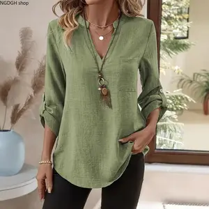 Linen Shirt V Neck Button Down Blouse - Trendy Oversized 3/4 Sleeve Tunic with Chest Pocket & Rolled Cuffs, Lightweight Breathable Soft Design Perfect for Summer Casual Outings Daily Errands & Beach Vacation Looks