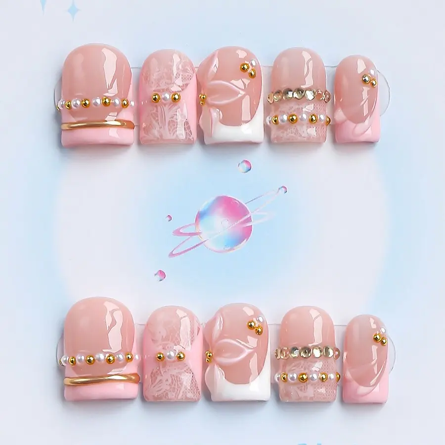 Nailssbysheccid, 10pcs press-on nails, square shape, 100% handmade, simple style, French Tip Nails, French Nail Art, 3D, suitable for family dinners, dates, weddings, comes with jelly glue, crystal sticks and twisting rods