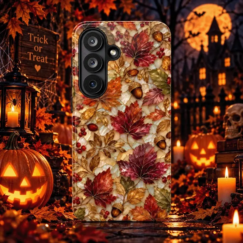 Autumn Leaves Halloween Phone Cases, Stained Glass Phone Cases, Maple Leaf Protective Cases, Autumn Phone Cases, Acorn Gifts, suitable for 18/17/16/15/14/13/12/11/Plus/Pro/ProMax/Air, S22/23/24/25/26 Birthday Gifts, Festival Gifts, Couple Phone Cases
