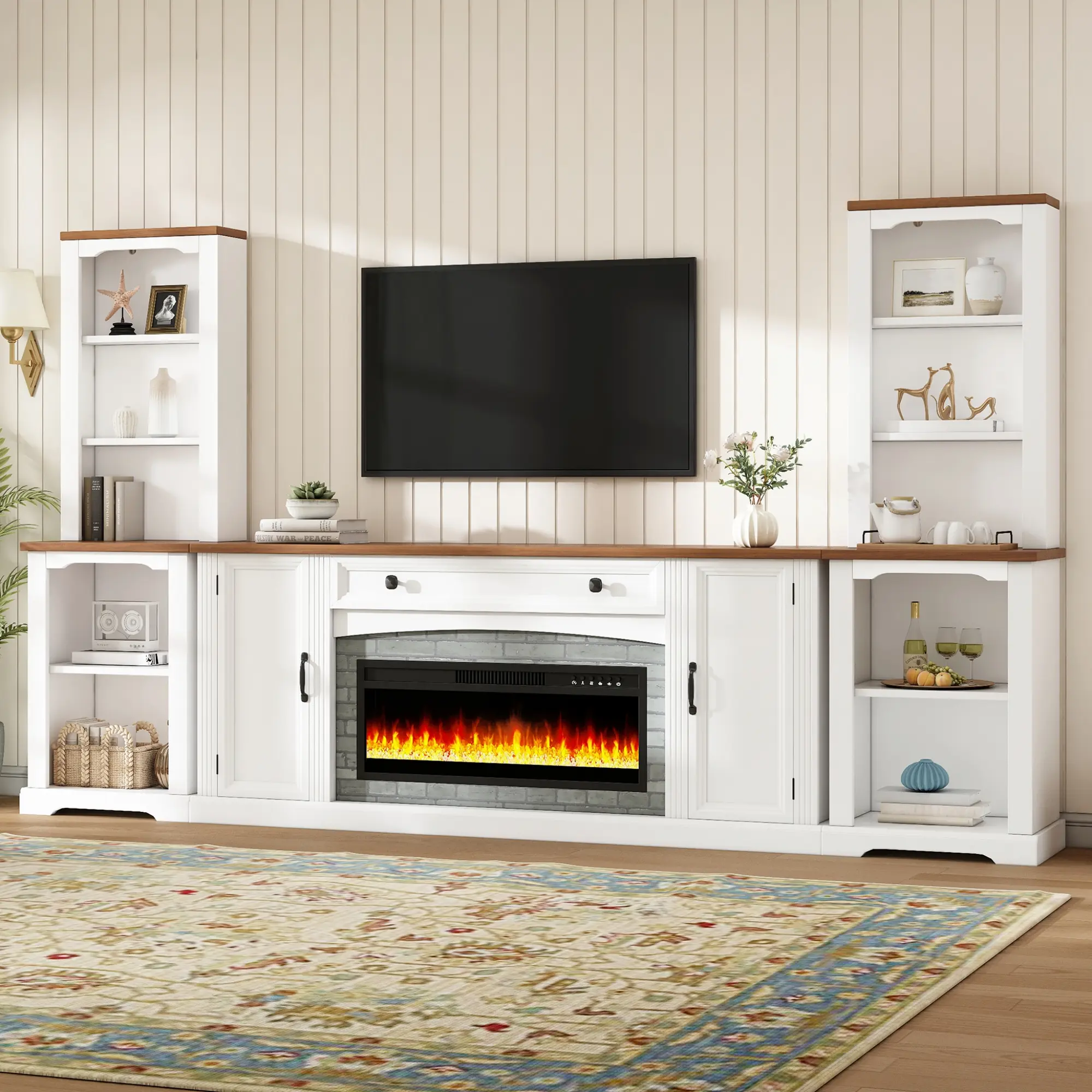 ARCH 3-Piece Farmhouse Entertainment Center with Electric Fireplace Heater, Walnut TV Stand Set for TVs Up to 70", Storage Cabinet with Bookshelves, White Mantel Media Console for Living Room, Multiple Color Options, Home Furniture and Household
