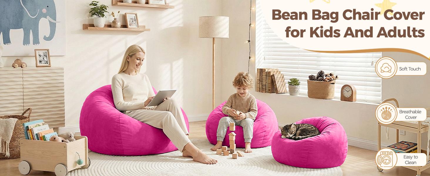 Stuffed Animal Storage Bean Bag Chair Cover – Soft Velvet Kids Beanbag with Handle, Machine Washable (No Filler). Hot Pink Organizer for Living Room, Bedroom & Dorm. Comfy & Functional.
