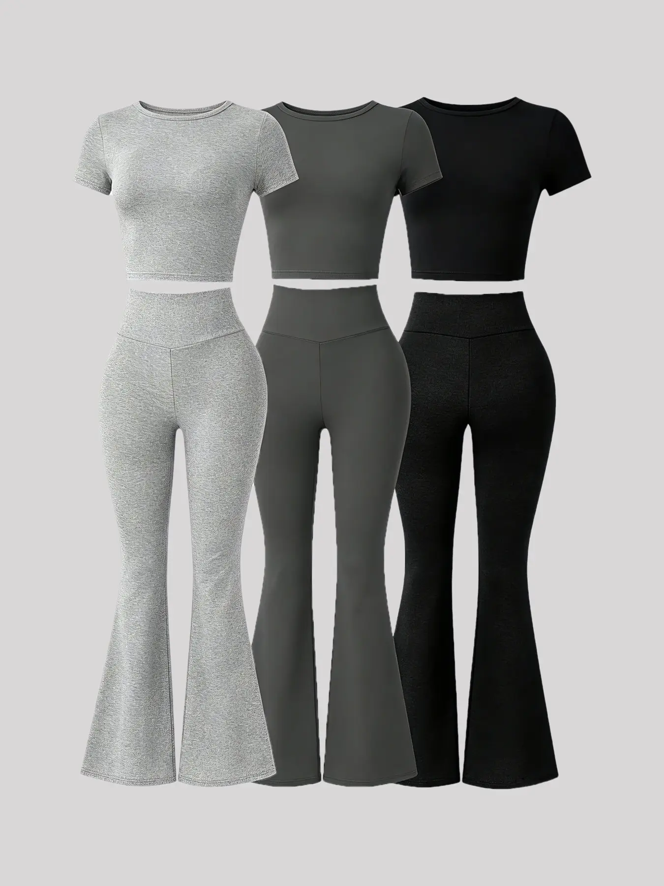 Summer Women's 6-Piece Solid Color Knit Pants and Short Sleeve T-Shirt Set, Fashionable Slim Versatile Casual Top Everyday Work Outfit Set, Matching Workout Clothes, Yoga Set, Sports Set, Casual Set, Solid Color Set