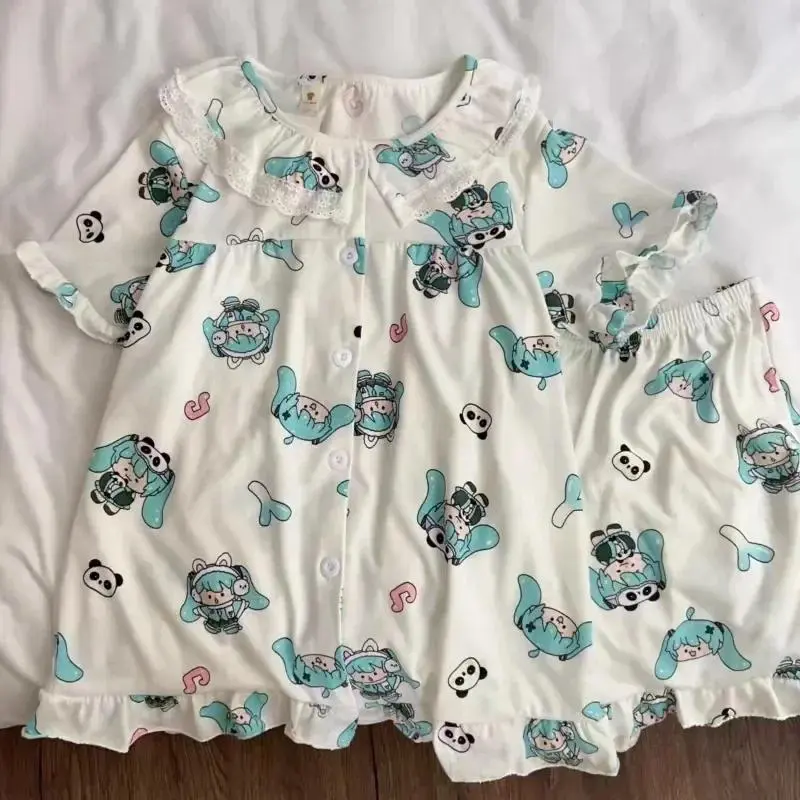 Women's Kawaii Hatsune Miku Panda Short-Sleeve Pajama Set, Summer Japanese Cartoon Lace Soft Loungewear Nightwear Trouser Home Suit, Shortsleeve