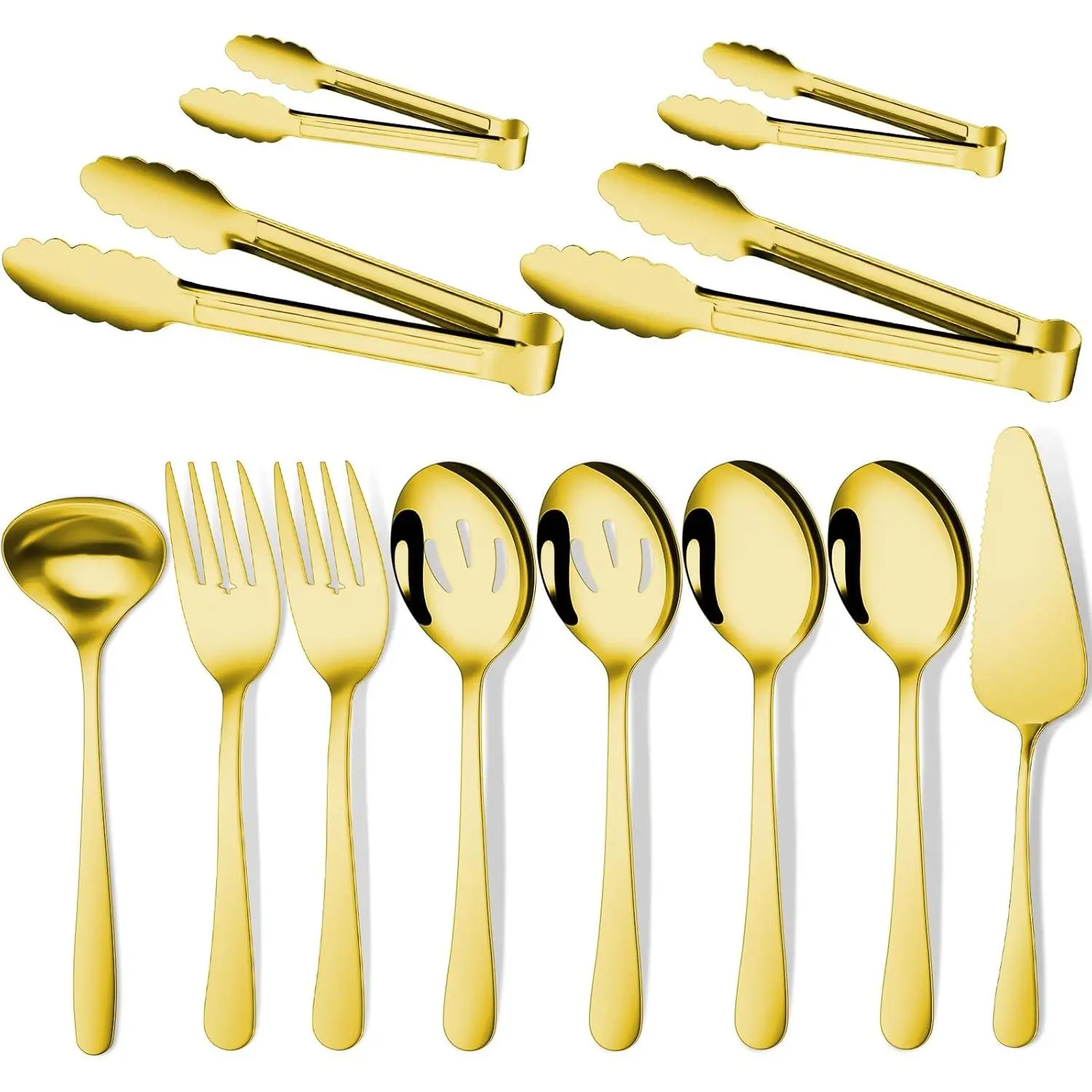 Gold Stainless Steel Cutlery Set - 12-Piece Tableware Kit with Large Spoons, Slotted Spoons, Forks, Tongs, Appetizer Tongs, Soup Ladle, Pie Cake Server for Buffet Catering