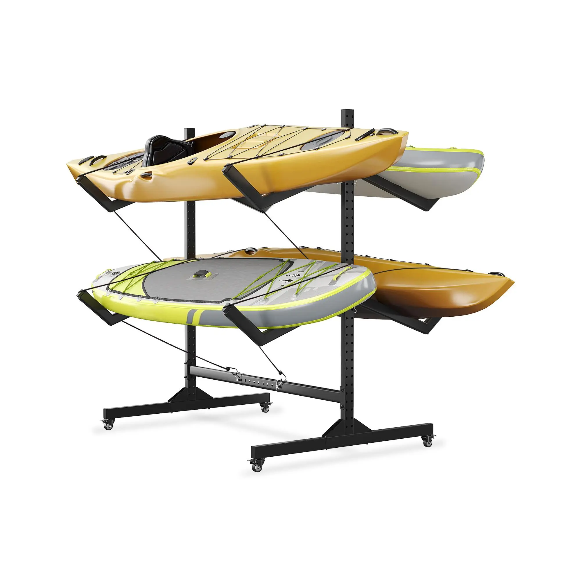 Freestanding Heavy-Duty Kayak Storage Rack for 4 Kayaks, Canoes or SUPs – Adjustable Width Organizer with Lockable Wheels – Double-Sided Stand – For Indoor, Outdoor, Garage, Dock, or Hut