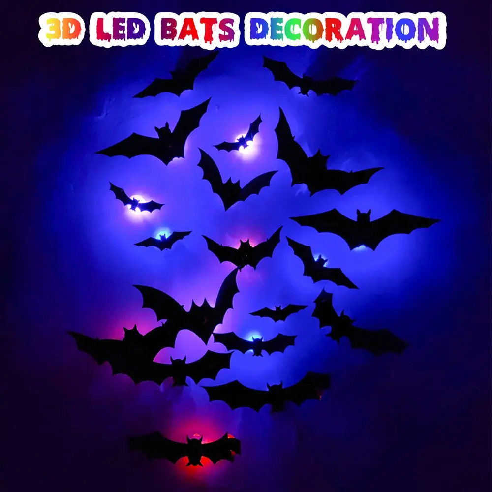 3D LED Flashing Halloween Wall Decals PET Bat Spider Night Light Stickers, Self-Adhesive Waterproof Garage Window Front Door Decor, Spooky Haunted House Trick Or Treat Masquerade Party Layout Ornament, Reusable Holiday Atmosphere Prop Gift For Fall Cospla