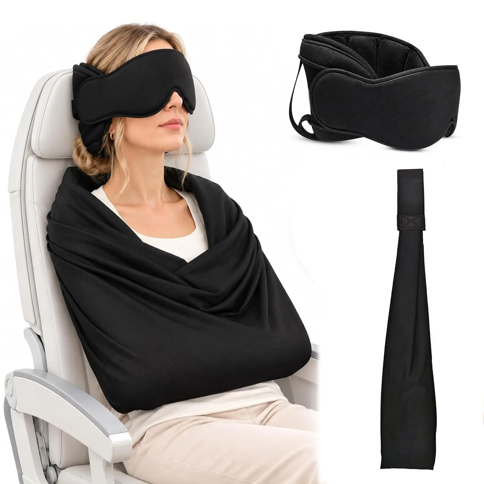 3-in-1 Airplane Travel Sleep System, Travel Pillow with Adjustable Eye Mask, Upper Body Support Sling and Wraparound Travel Blanket for Long-Haul Flights, Road Trips and Train Travel