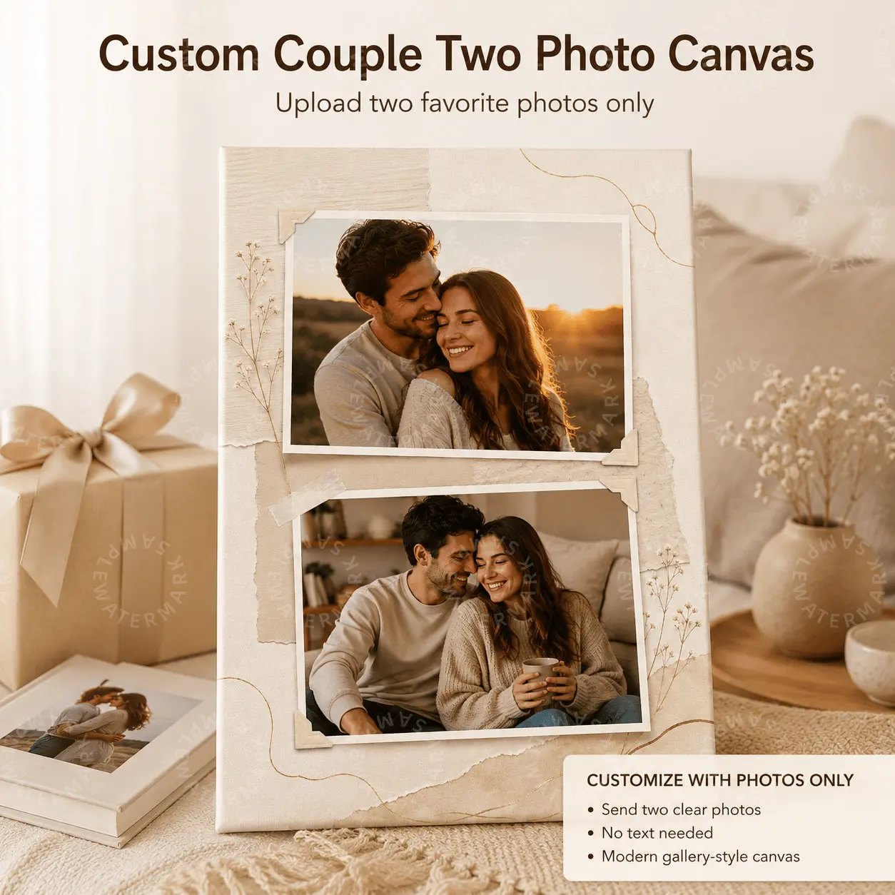 Custom Couple 2-Photo Canvas Wall Art, Upload 2 Photos Romantic Minimalist Beige Keepsake Gift, Aesthetic Poster for Bedroom Living Room Decor (Home Supplies) wall decor posters