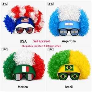 2PCs/set Soccer Fan Party Set: Funky Afro Wig And Flag Glasses | Adult Gear for USA，Mexico, Argentina And Brazil Football Fans | Match Day Stadium Additions And Celebration Kit，cheer set, Accessories