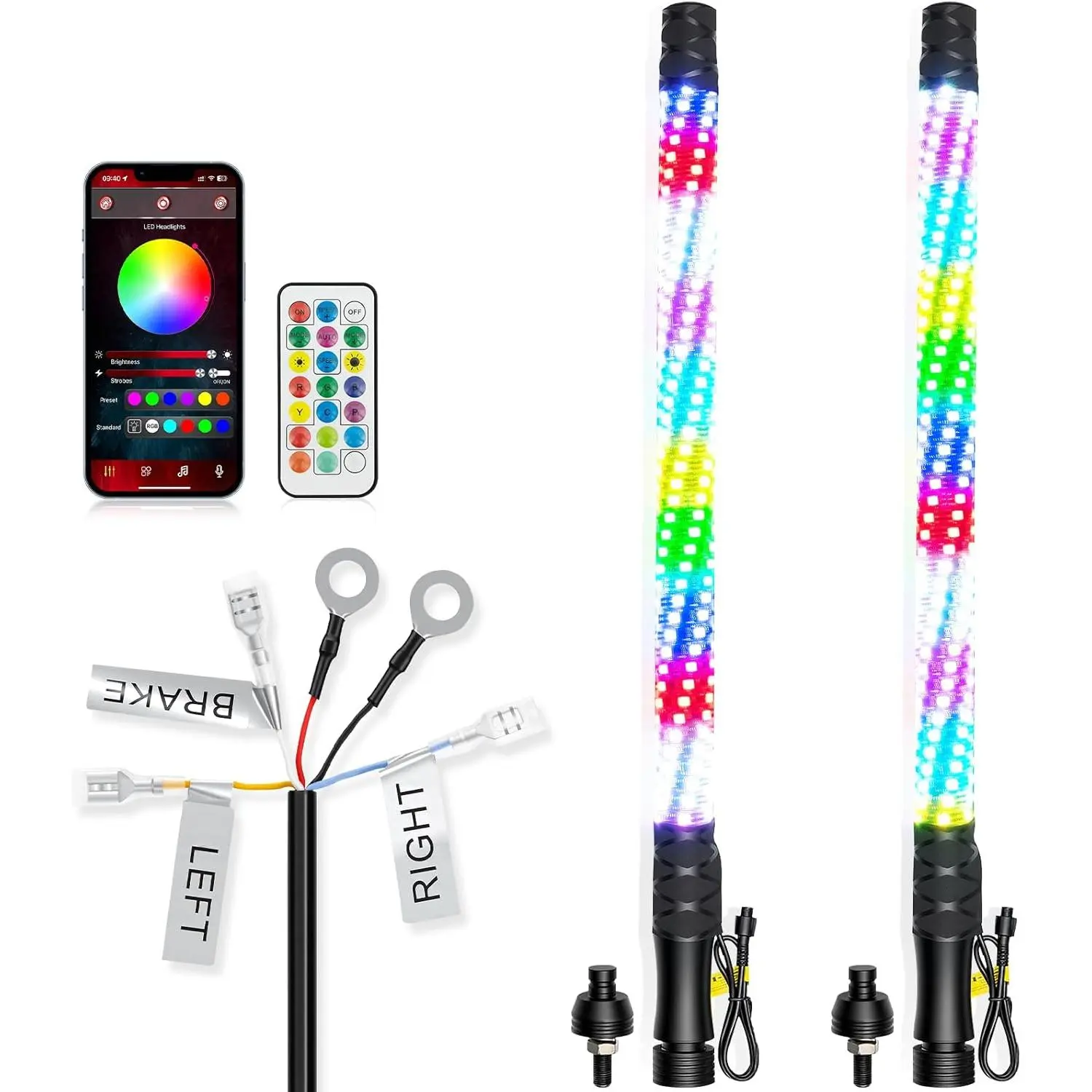 2.3ft RGB LED Fat Whip Lights (2PCS) - Bluetooth+Remote Control, Brake Turn Signal, APP Music Voice Sync, 360° Glowing Spiral Illumination, IP67 Waterproof for UTV ATV RZR SXS, 1-Year Warranty