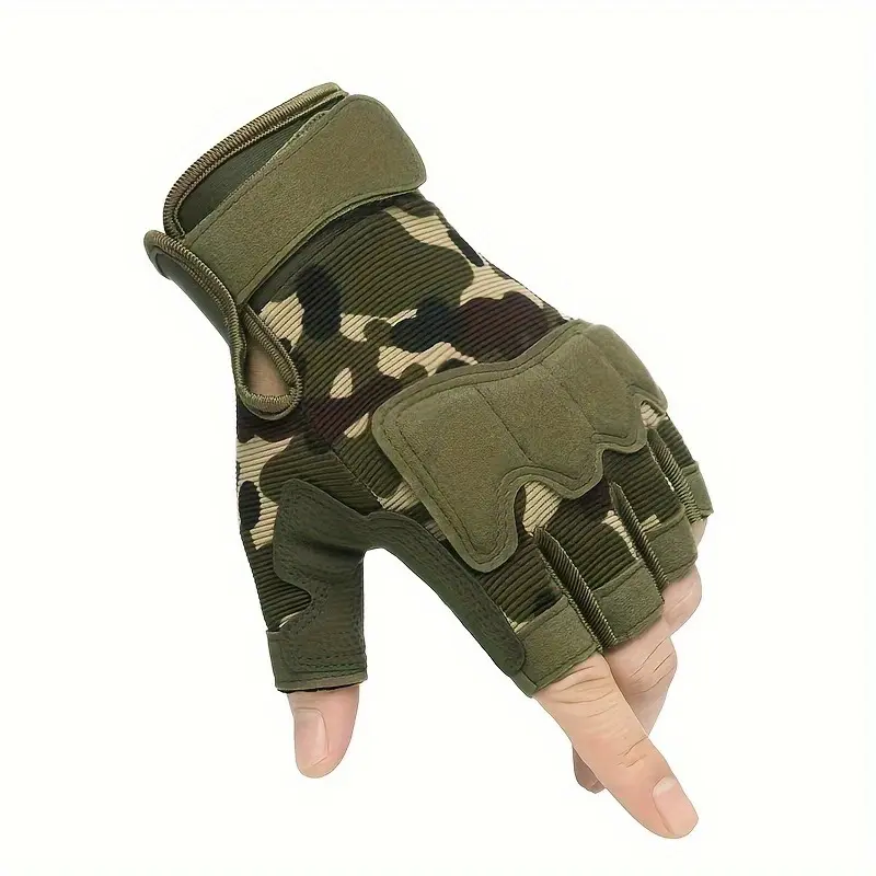 Men's Tactical Gloves, Fingerless Camo Microfiber Leather with Reinforced Knuckle Pad and Anti-Slip Grip for Motorcycle Riding & Gym