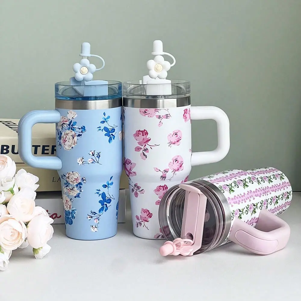 1pc 14oz Stainless Steel Double-Walled Vacuum Flask Tumbler - Portable, Leak-Proof Water Bottle with Printed & Gold-Plated Handle, Multicolor Drinkware (Animals/Plants Prints) for Back-to-School Gifts (12-24H Insulation), Water Bottles