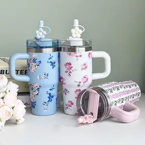 1pc 14oz Double Wall Stainless Steel Insulated Thermal Flask Tumbler with Printed & Gold Plated Handle, Multi-Color Drinkware, Ideal for Girls' Back to School Use, Flasks