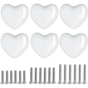 Drawer Knobs Heart Shape Cabinet Dresser Pulls Handles with 3 Sized Screws, Kitchen Furniture Knobs for Closet Cupboard Wardrobe (6 Pack, White)