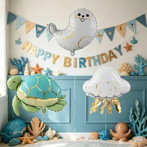 3pcs Matte Seal Jellyfish Turtle Aluminum Foil Balloons, Birthday Party Decor, Outdoor Event Props, Festival Atmosphere Decoration, Room Background Wall Decor