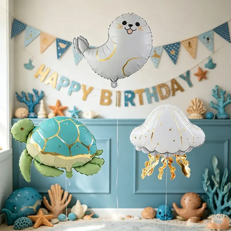 3pcs Matte Seal Jellyfish Turtle Aluminum Foil Balloons, Birthday Party Decor, Outdoor Event Props, Festival Atmosphere Decoration, Room Background Wall Decor