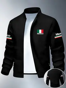 Men's Fall Winter Lightweight Long Sleeve Jacket, Mexico Print Letter Design, Fashion Zipper, Soft Fabric Polyester, Casual Outerwear for Teens and Adults
