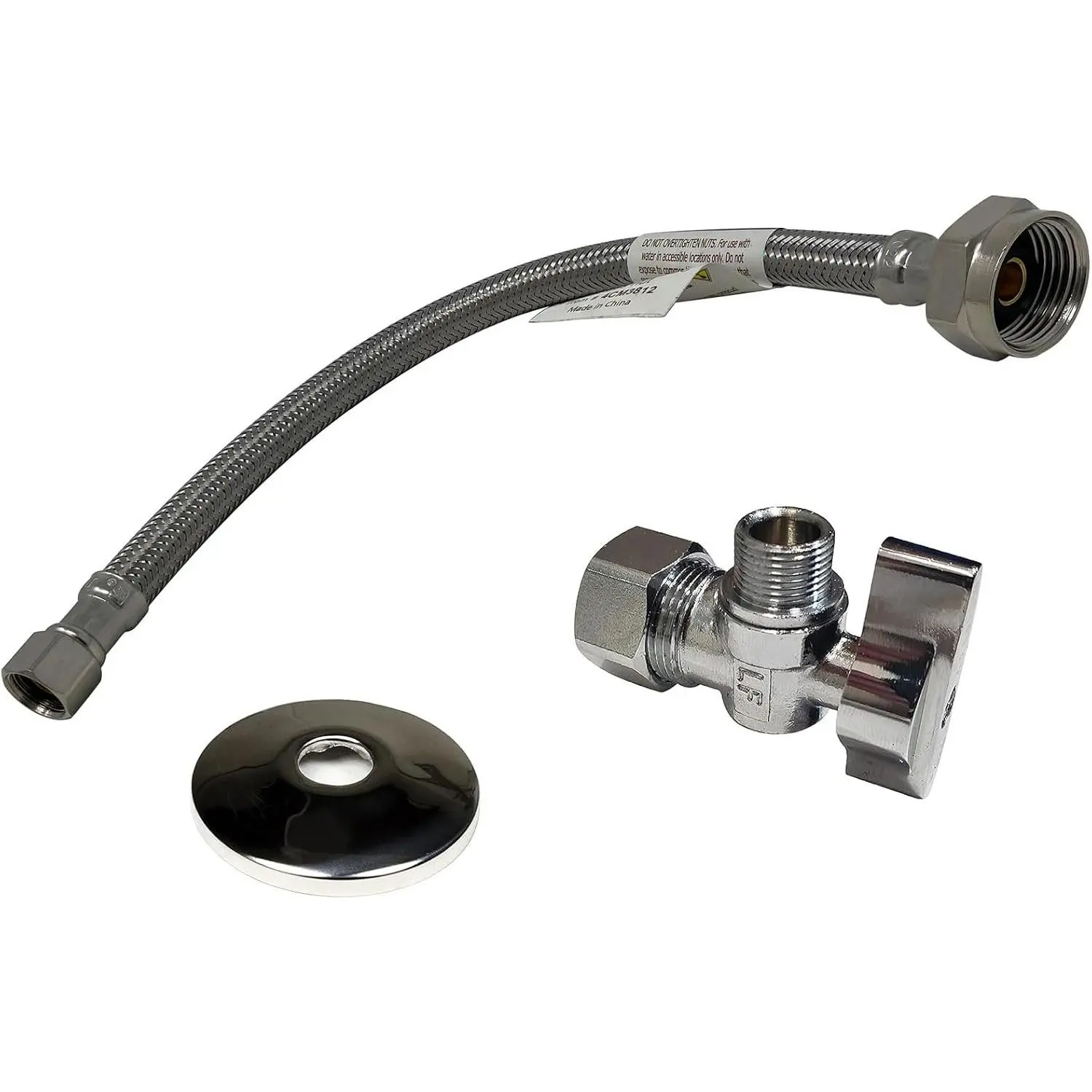 Complete Toilet Set Valve 1/2 in. NOM Inlet x 3/8 in. OD Compression Outlet Angle Shut Off Escutcheon Plate 12" Long Stainless Steel Braided Brass Nut Water Supply Line