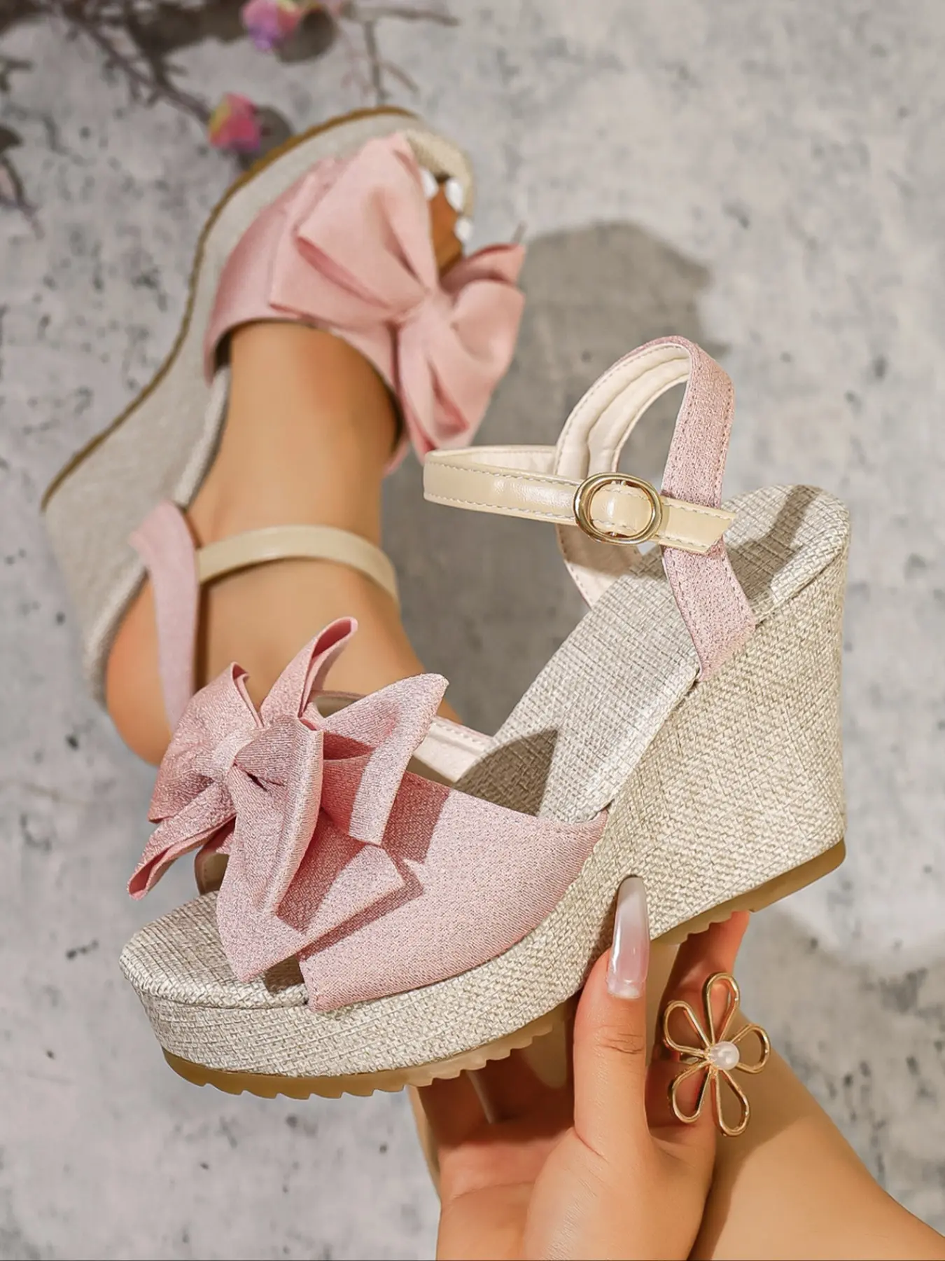 Women's Fabric Oversized 3D Bow Decor Metal Buckle Adjustable Ankle Strap Linen Texture Integrated Wedge Platform Peep Open Toe High Heel Sandals, Smooth PU Leather Lining Insole Summer Beach Vacation Sweet Elegant Wedge Heels