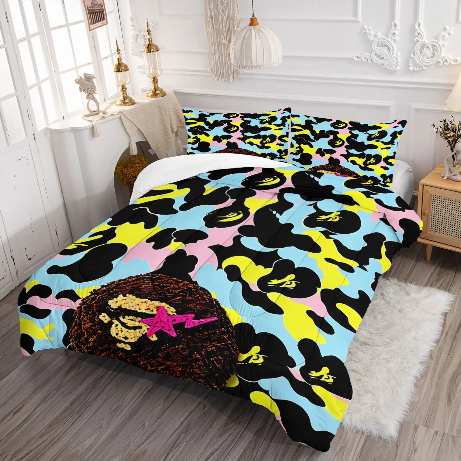 Macaron Color Block Camo Cartoon Primate Head Quilted Comforter Set, Include 1 Quilt Core and 1/2 Pillowcases, Blue Yellow Pink Multicolor Camouflage Print Fashion Personality Warm Bedding, Moderate Thickness, Soft and Skin-friendly