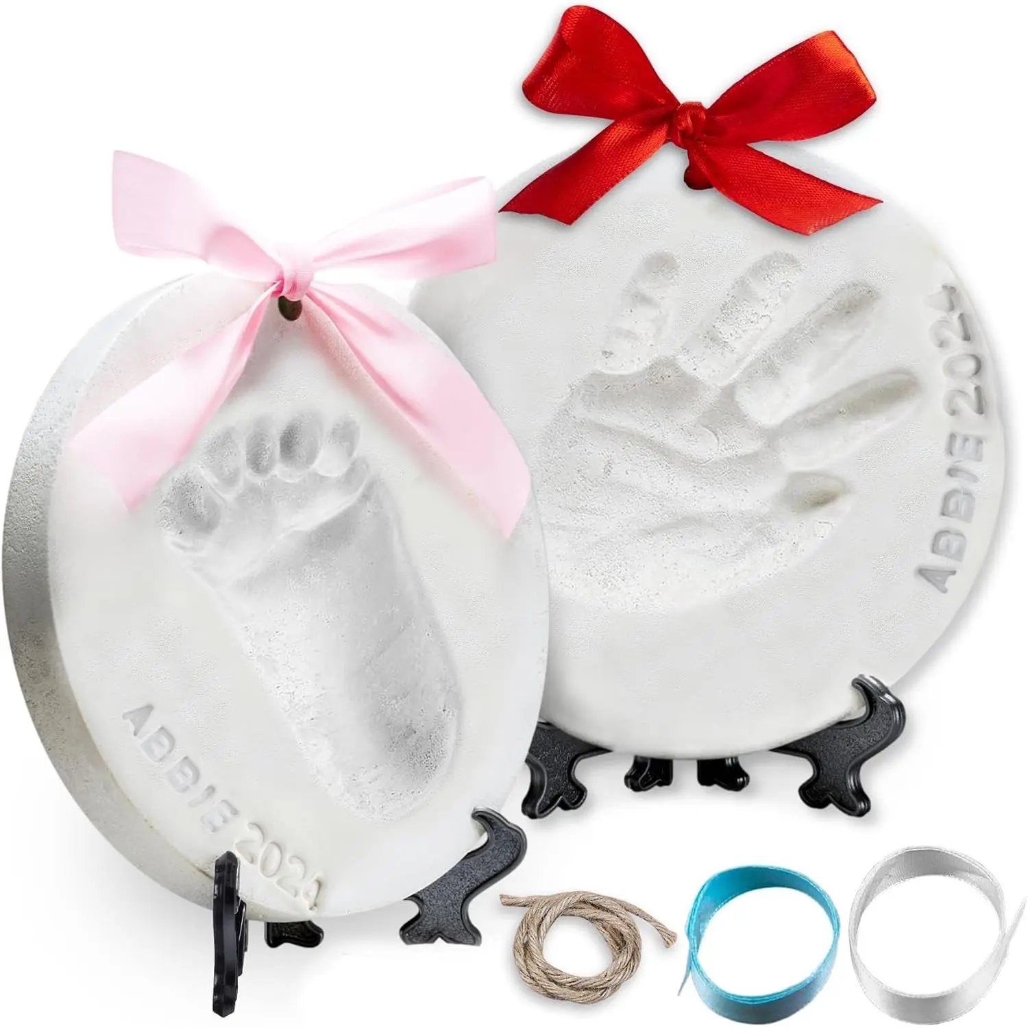 Baby Handprint and Footprint Ornament Keepsake Kit (Newborn Bundle) with 2 Easels, 4 Ribbons & Letters - Clay Casting Kit for Baby Shower Gifts, Boys & GirlsGift