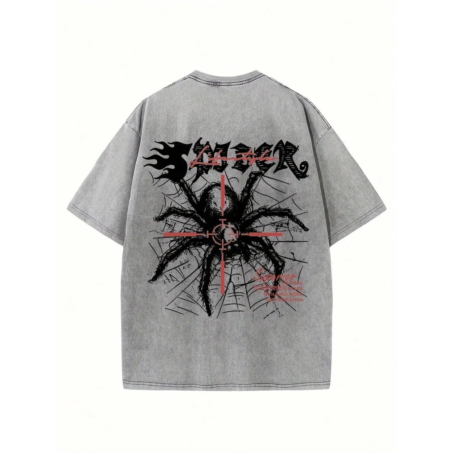 Vintage Gothic Spider Cross Target Grunge T-Shirt, Washed Gray Cotton Oversized Short Sleeve Tee, Dark Chaos Streetwear Front & Back Print Crewneck Shirt