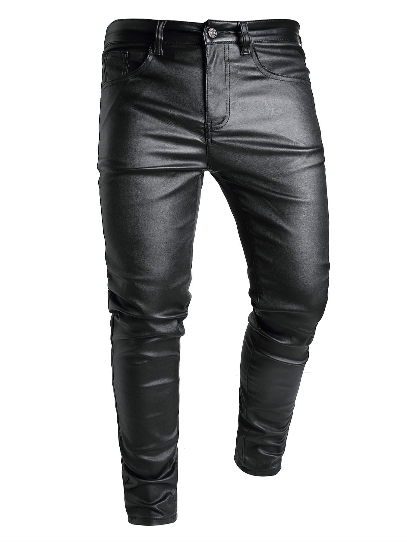 Men's Solid Color PU Leather Pants, Tight-fitting Street Fashion Casual Comfy Pocket Trousers for Daily Wear, Men's Bottoms for All Seasons Casual Fitted Pockets Casual Slant Pocket