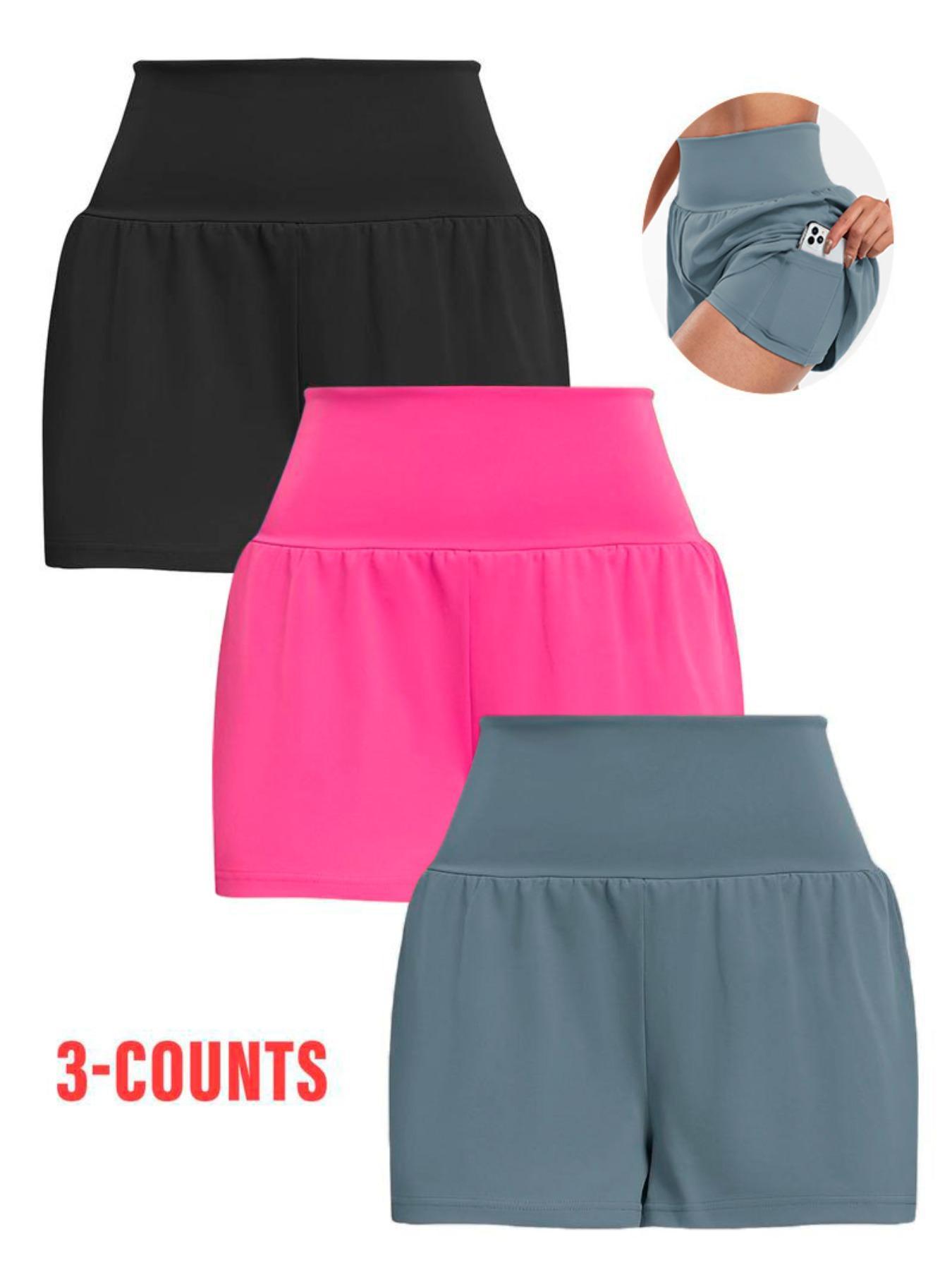 Women's Solid Color Pocket Sports Shorts, Comfy Breathable 2 in 1 Shorts for Yoga Gym Workout Running, Ladies Sportswear for All Seasons