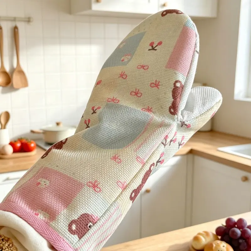 Cartoon Bear Cherry Pattern Baking Gloves Women's Heat-Resistant Gloves, Kitchen Oil Waterproof Baking Gloves, High-Temperature Oven Microwave Gloves Cute Kitchen Supplies Home Essentials