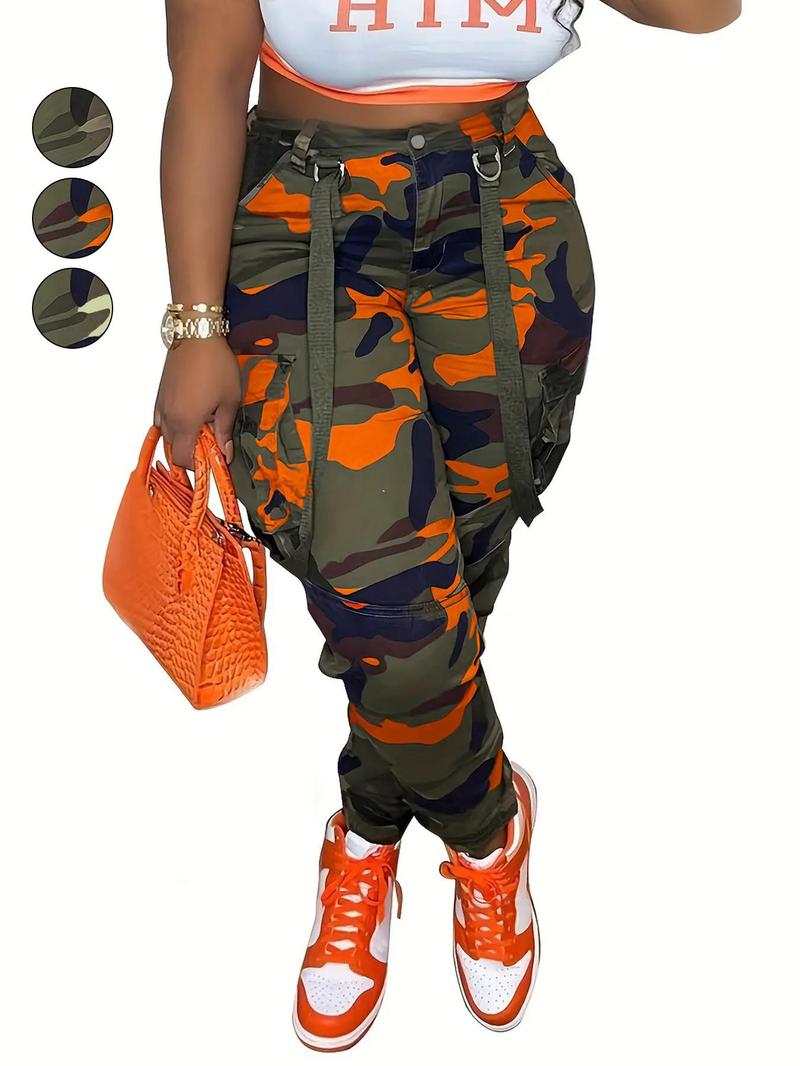 Women's Print Flap Pocket Cargo Pants, Casual Chic Trousers, Casual Streetwear Button Trousers for Daily Wear, Ladies Bottoms for All Seasons