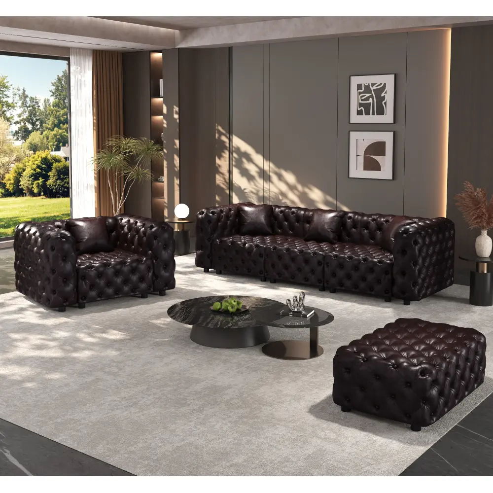 Modern Sofa Set, Faux Leather Upholstered Modular 4-Seater Sectional Couch with Pure Handmade Button Tufted Design, 1 Ottoman & 4 Pillows, Multi Combination for Living Room,Dark Brown