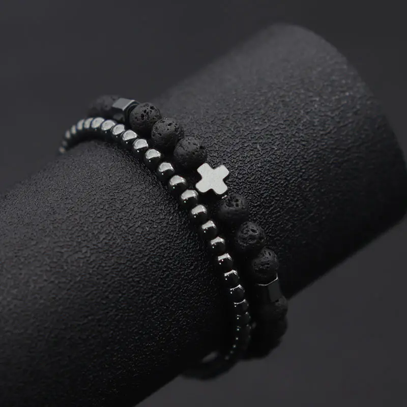 2Pcs Unisex Beaded Bracelet Set, Hematite Cross Bracelet, Natural Lava Rock & Tiger Eye Stone Stackable Wrist Jewelry