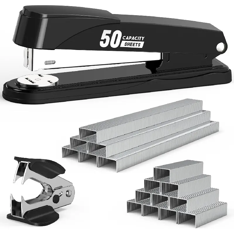 Stapler Heavy Duty 50 Sheet Capacity with 1750 Staples and Staple Remover, Full Strip Staplers for Desk, No Jam, Non-Slip for Office & Classroom, Black