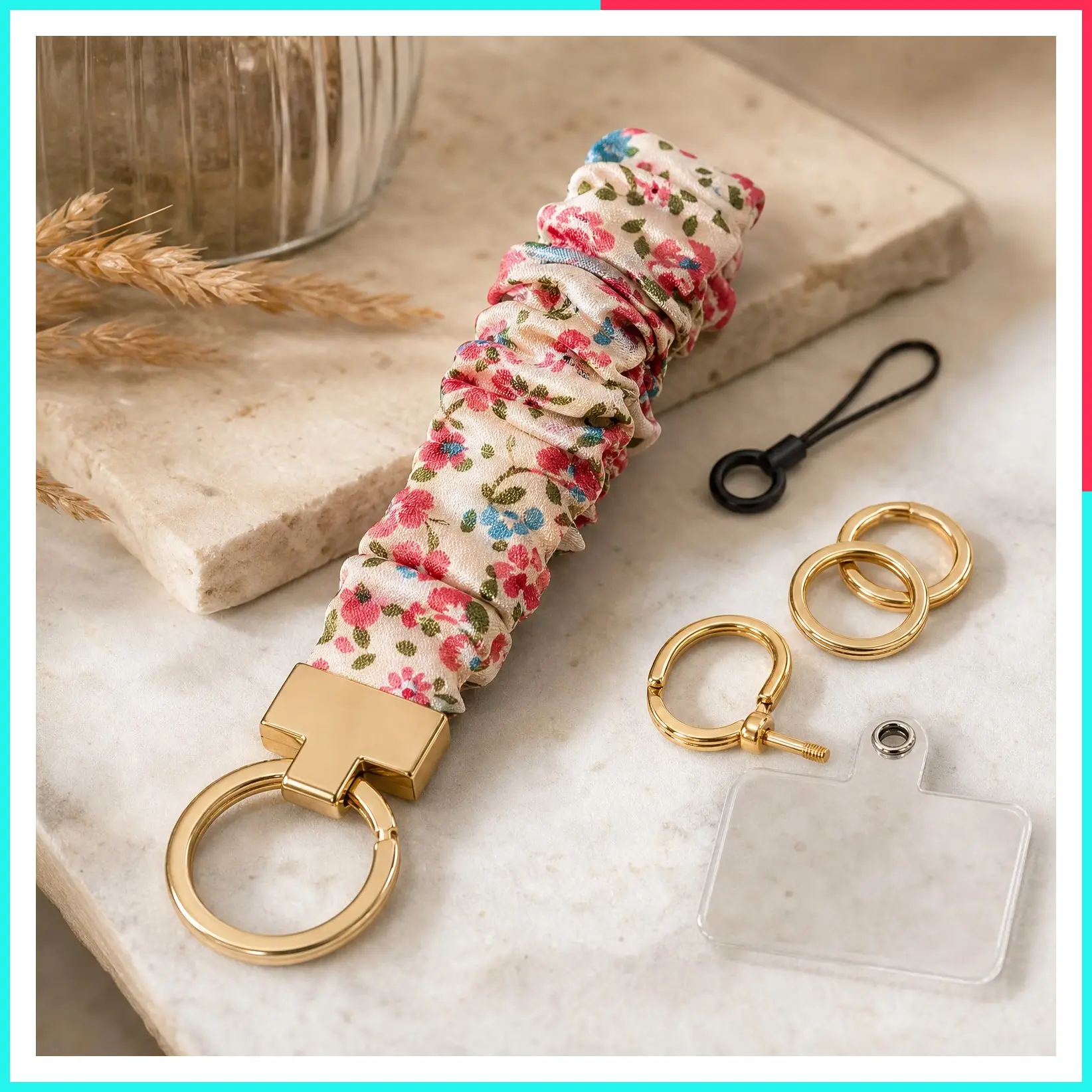 Stretchy Scrunchie Keychain Wristlet with D-Ring and Phone Tether Tab for Women